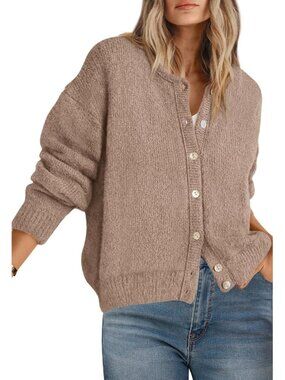 Women's Camel Polyester Blend Long Sleeve Crewneck Button Down Fall Cardigan